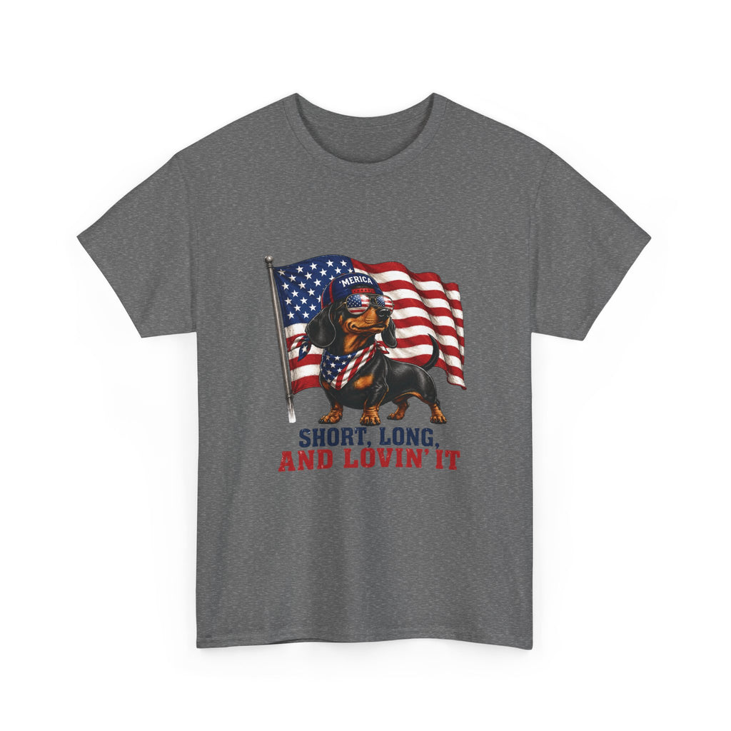 Dachshund with American Flag T-Shirt | "Short, Long, And Lovin' It"