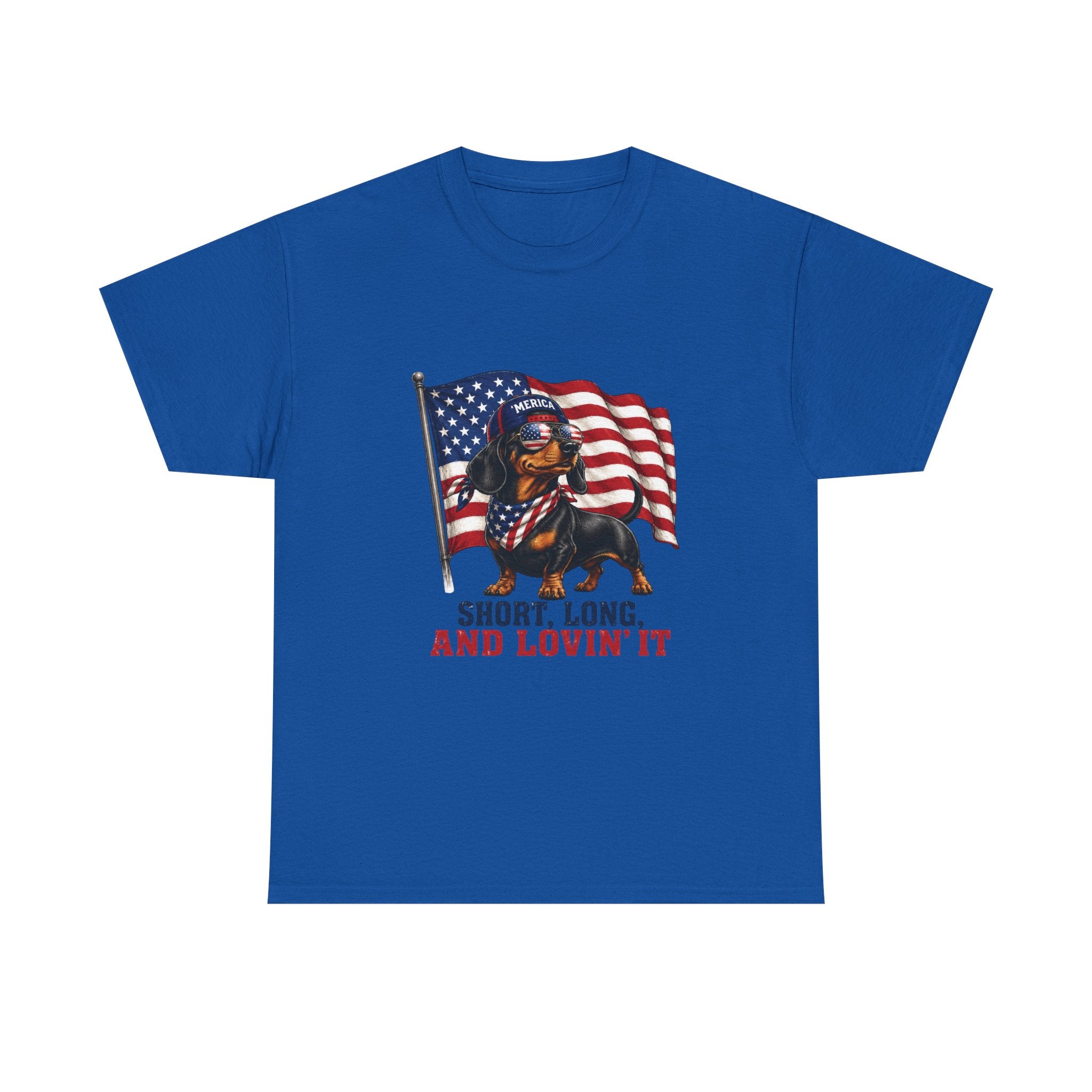 Dachshund with American Flag T-Shirt | "Short, Long, And Lovin' It"