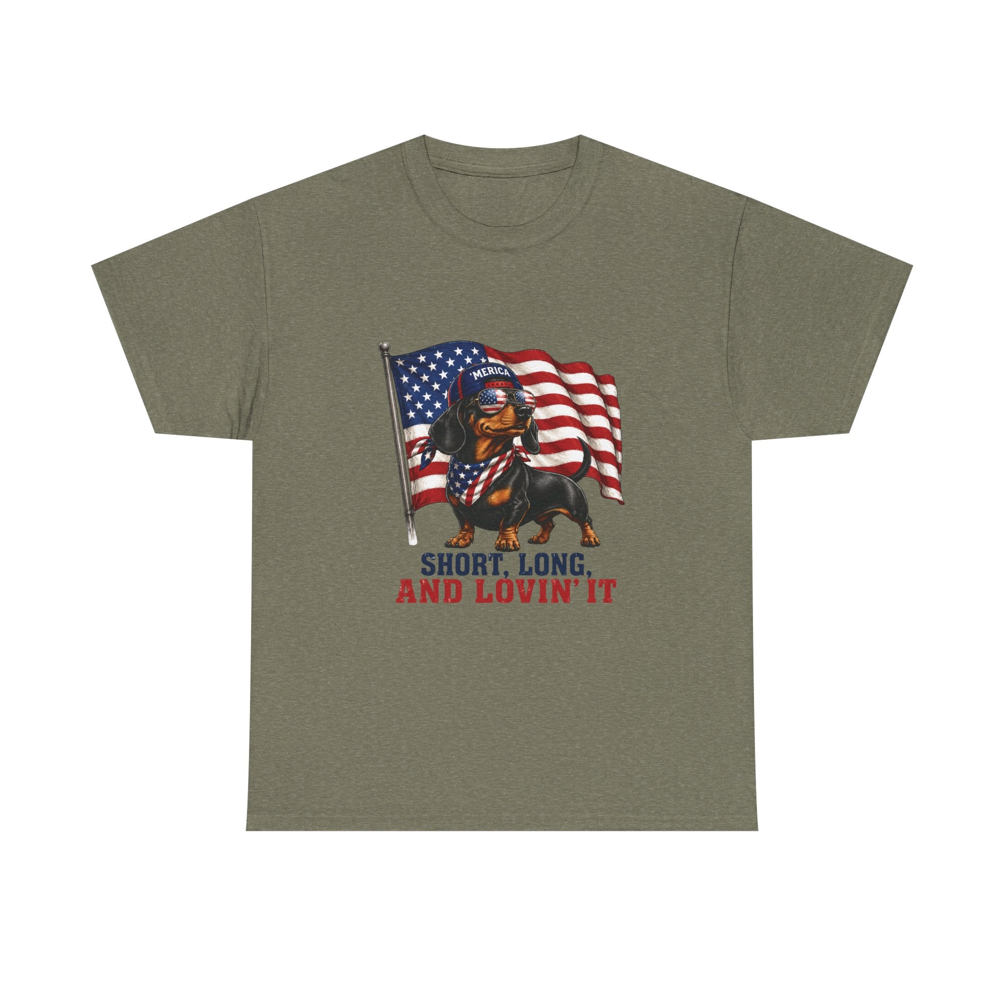 Dachshund with American Flag T-Shirt | "Short, Long, And Lovin' It"