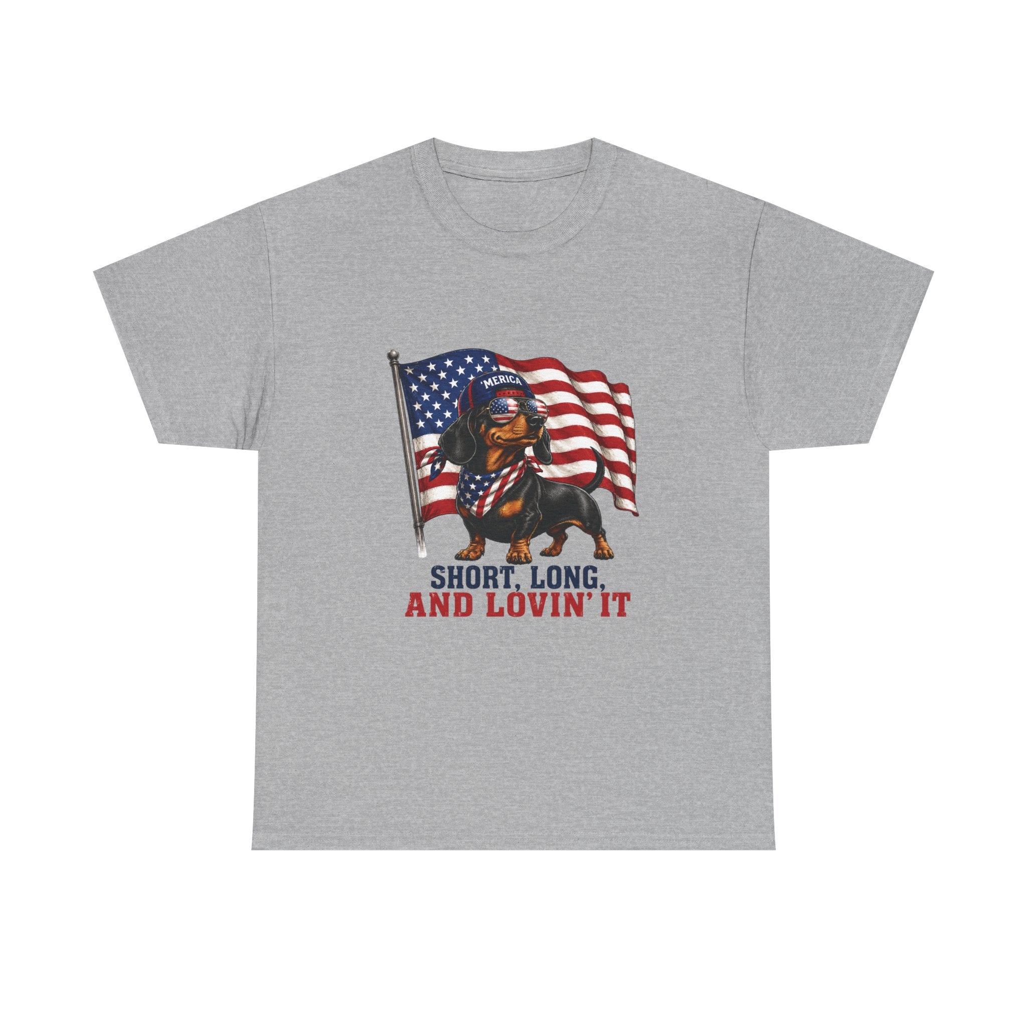 Dachshund with American Flag T-Shirt | "Short, Long, And Lovin' It"
