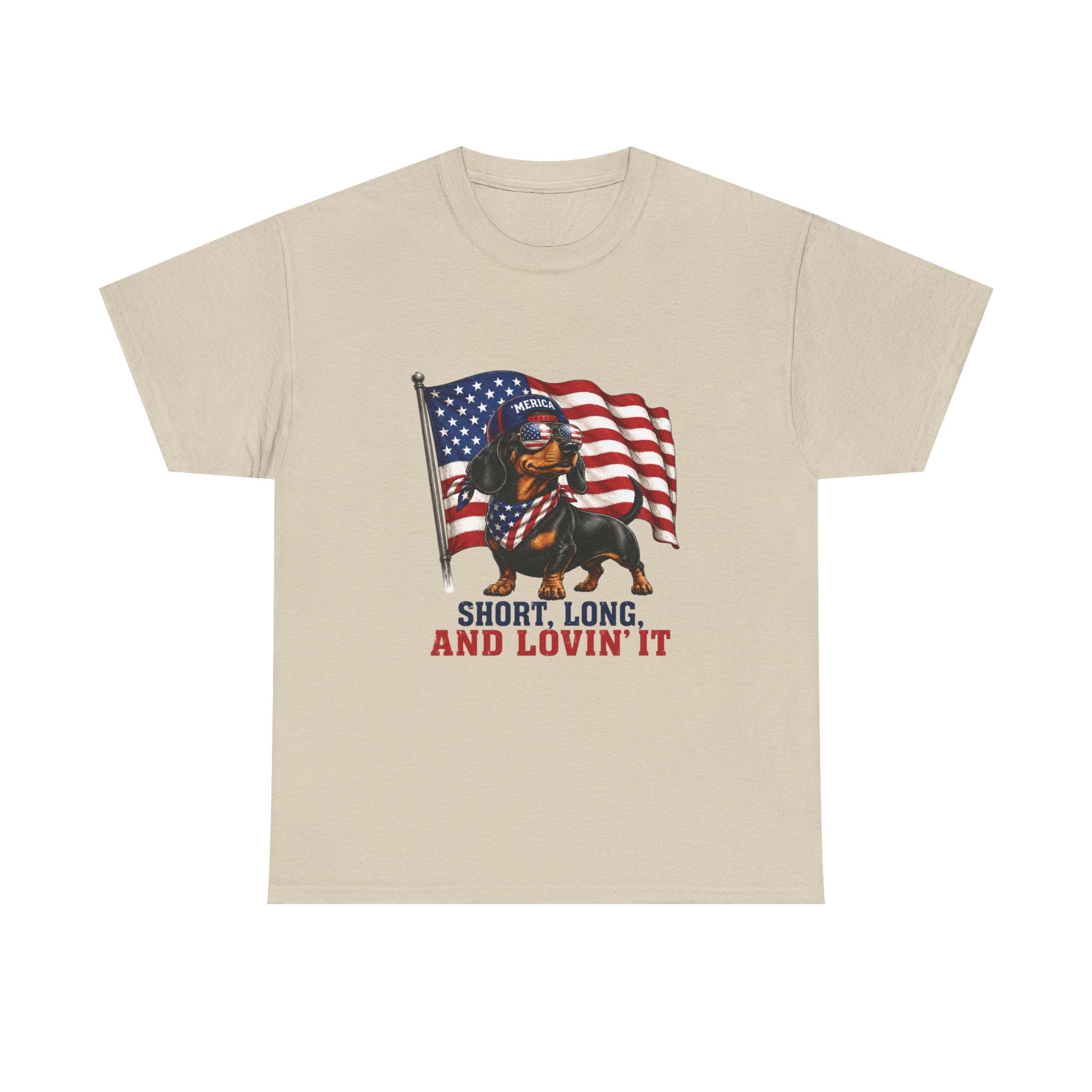 Dachshund with American Flag T-Shirt | "Short, Long, And Lovin' It"