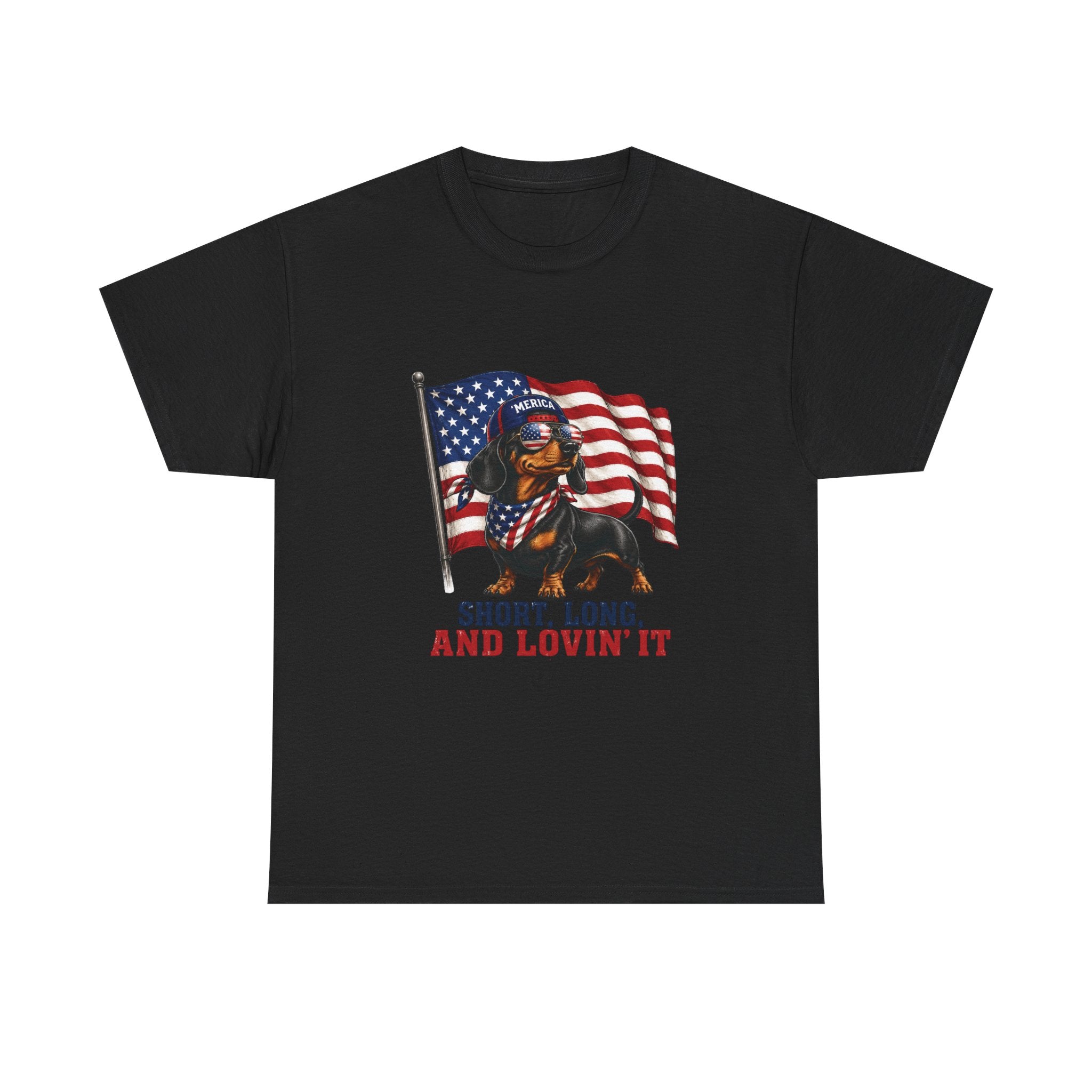 Dachshund with American Flag T-Shirt | "Short, Long, And Lovin' It"