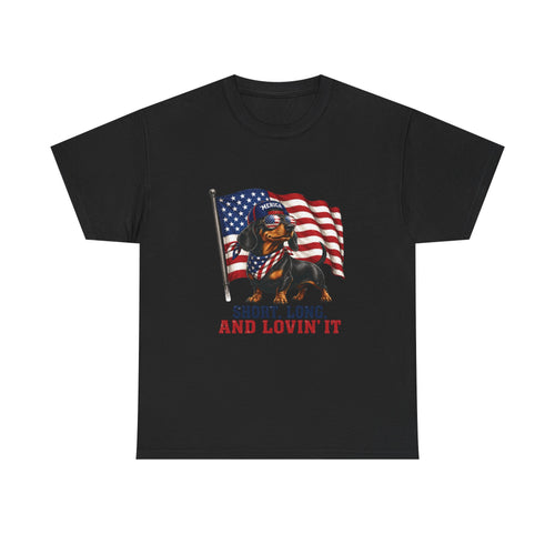 Dachshund with American Flag T-Shirt | "Short, Long, And Lovin' It"