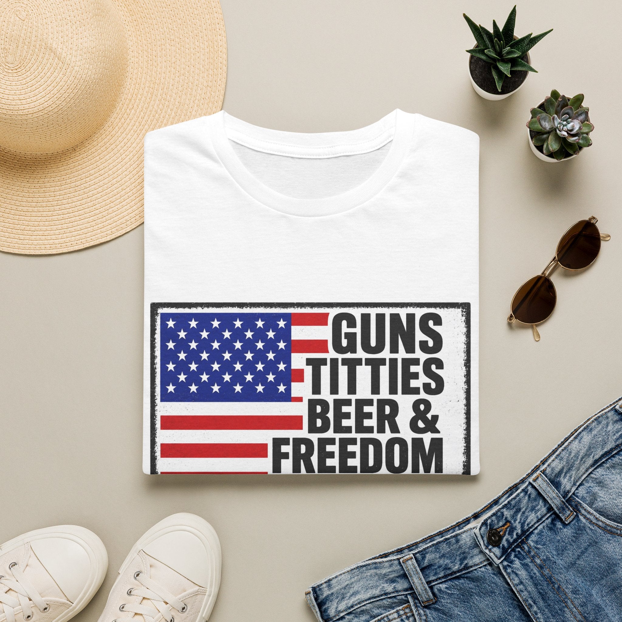 Guns Titties Beer & Freedom T-Shirt | American Flag Patriotic Tee