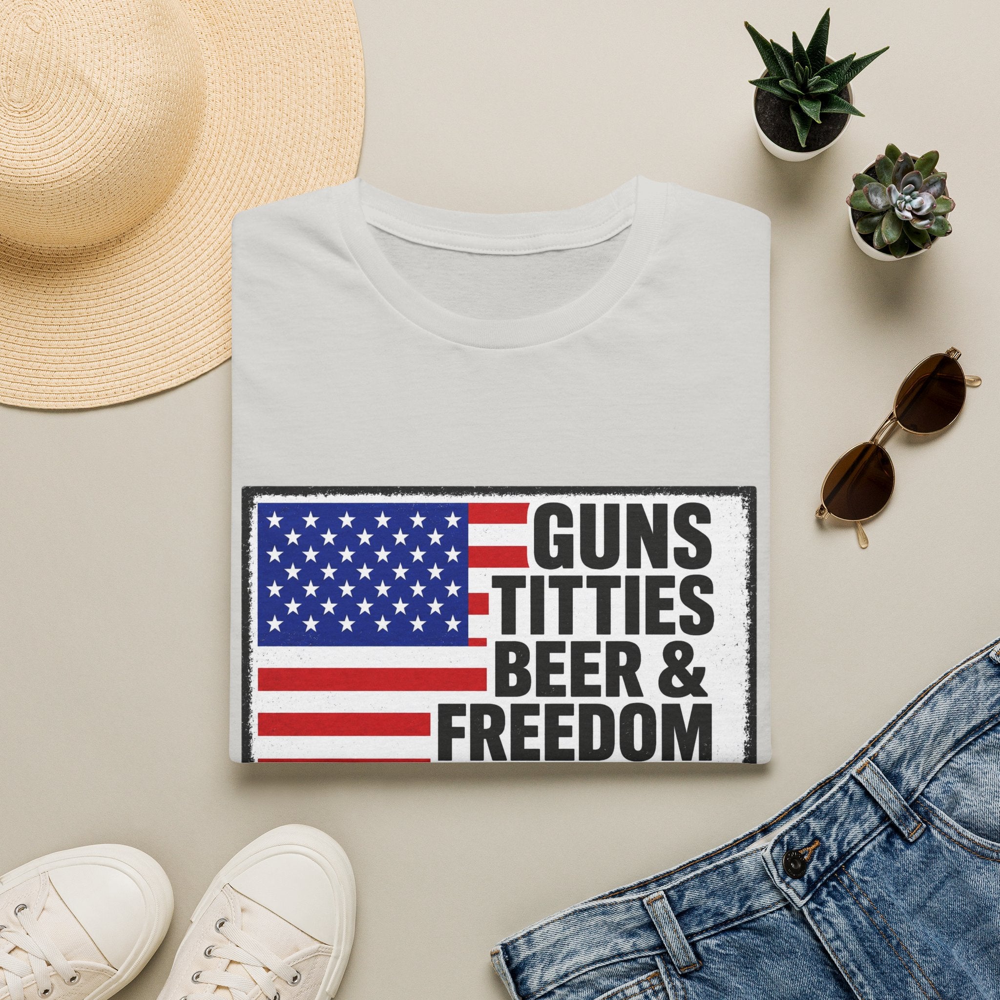 Guns Titties Beer & Freedom T-Shirt | American Flag Patriotic Tee