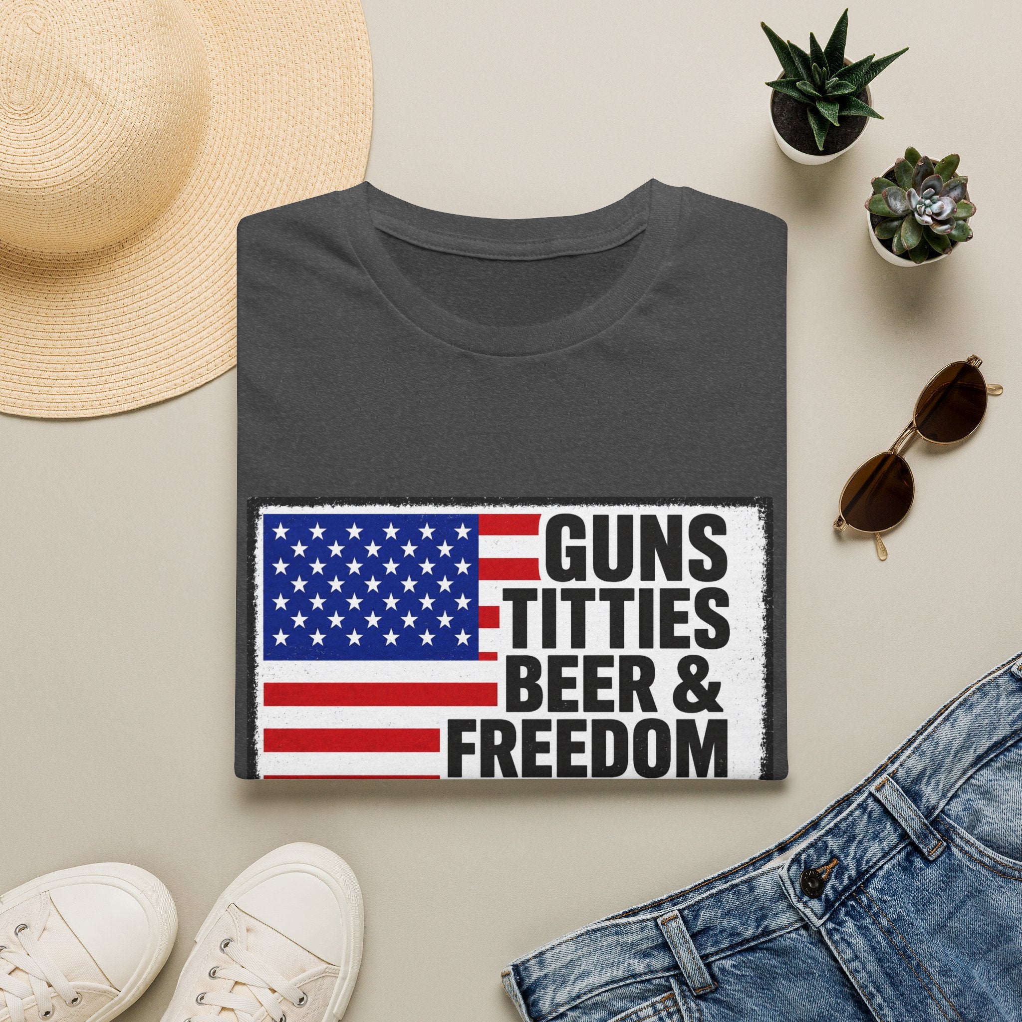 Guns Titties Beer & Freedom T-Shirt | American Flag Patriotic Tee