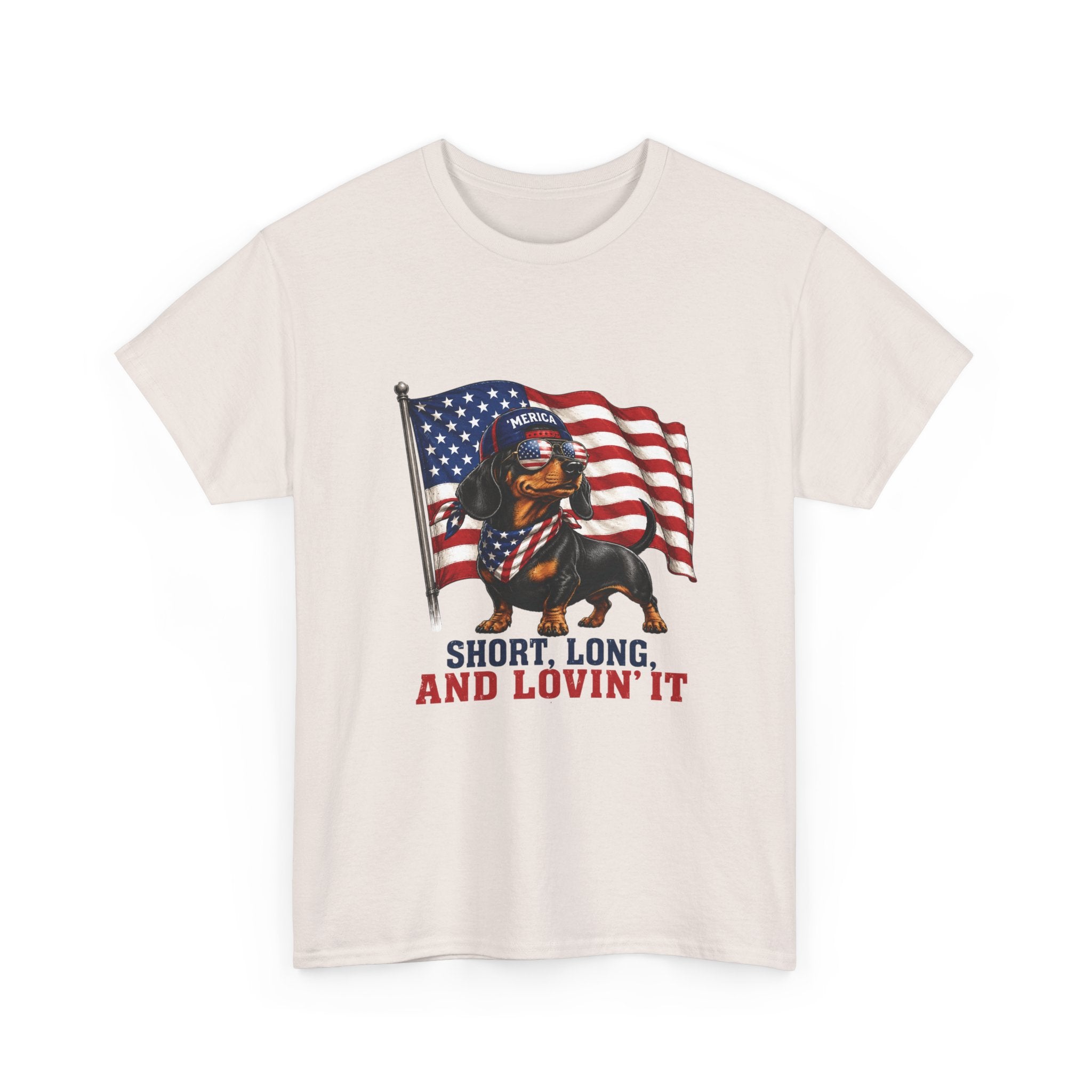 Dachshund with American Flag T-Shirt | "Short, Long, And Lovin' It"