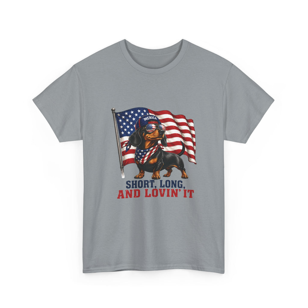 Dachshund with American Flag T-Shirt | "Short, Long, And Lovin' It"