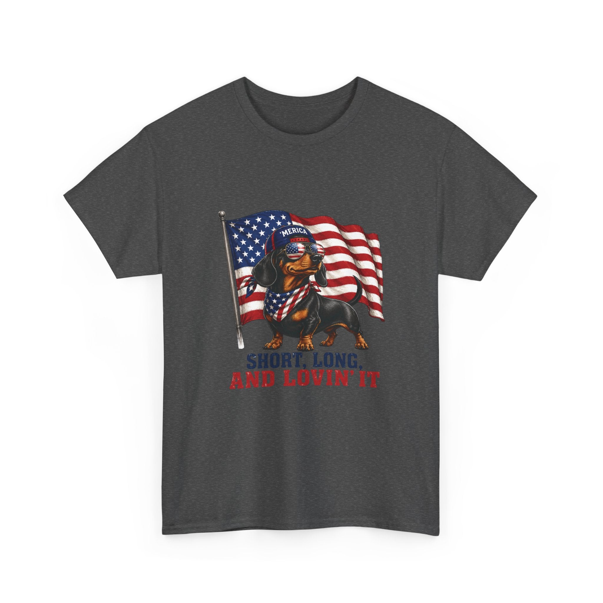 Dachshund with American Flag T-Shirt | "Short, Long, And Lovin' It"