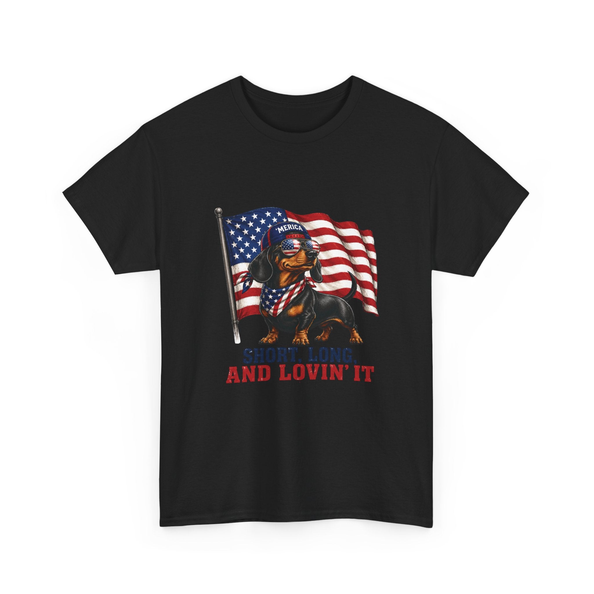 Dachshund with American Flag T-Shirt | "Short, Long, And Lovin' It"