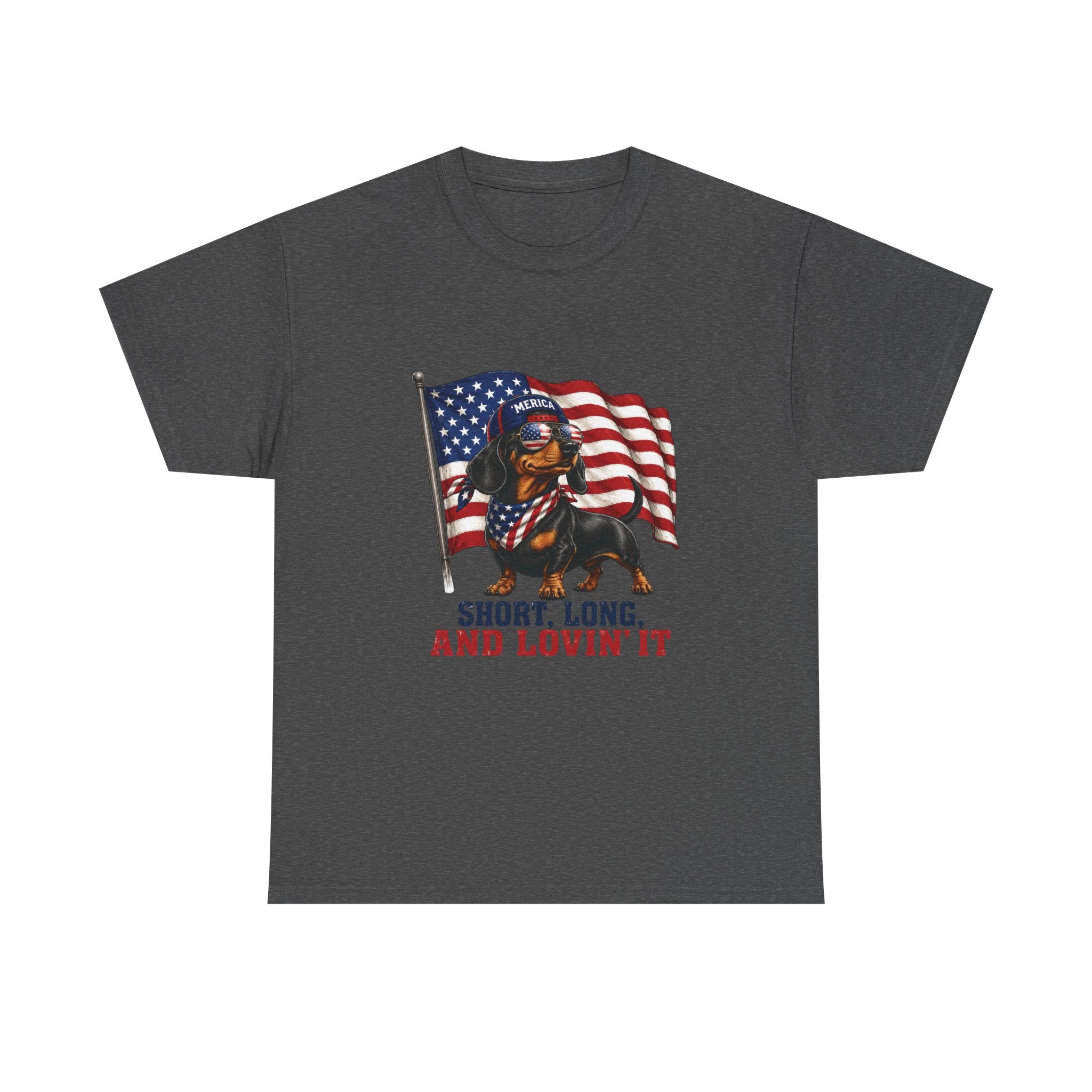 Dachshund with American Flag T-Shirt | "Short, Long, And Lovin' It"