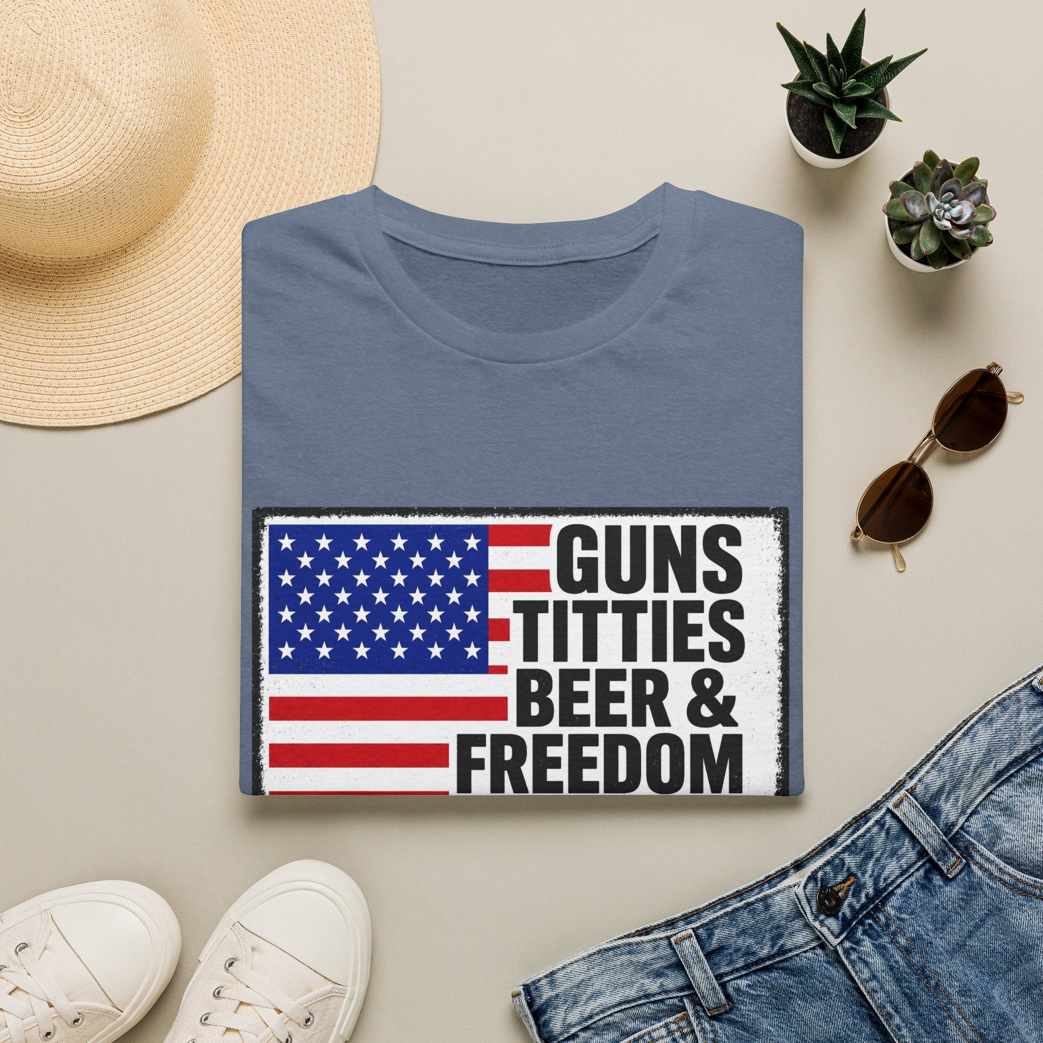 Guns Titties Beer & Freedom T-Shirt | American Flag Patriotic Tee