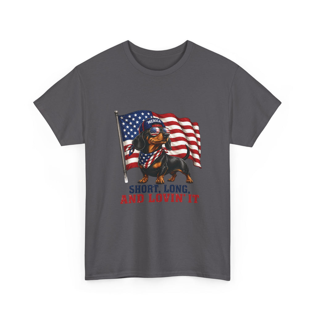 Dachshund with American Flag T-Shirt | "Short, Long, And Lovin' It"