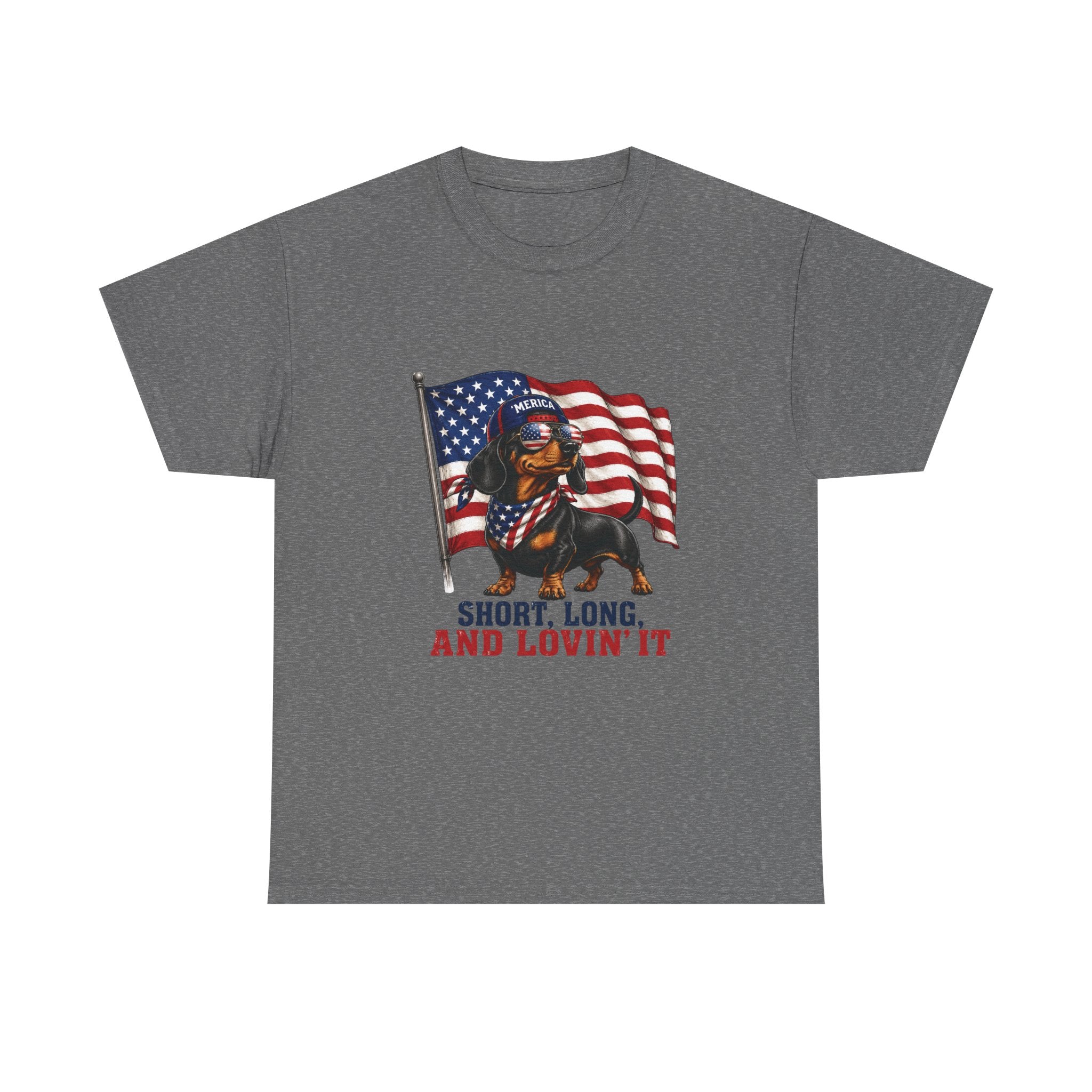 Dachshund with American Flag T-Shirt | "Short, Long, And Lovin' It"