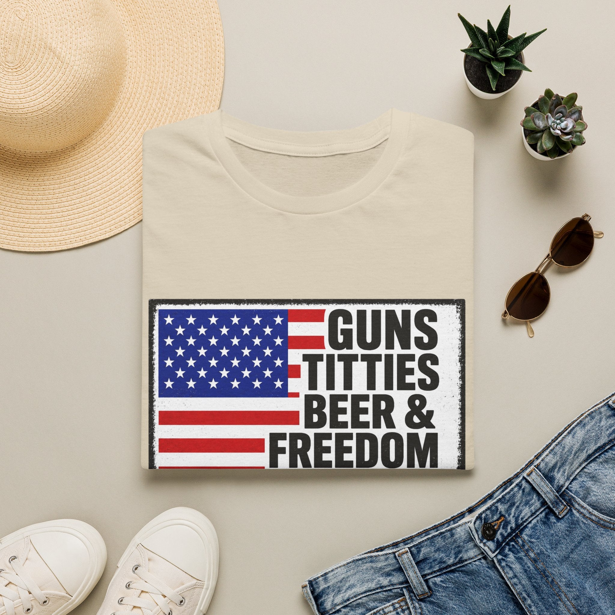 Guns Titties Beer & Freedom T-Shirt | American Flag Patriotic Tee