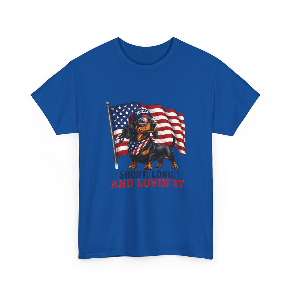 Dachshund with American Flag T-Shirt | "Short, Long, And Lovin' It"