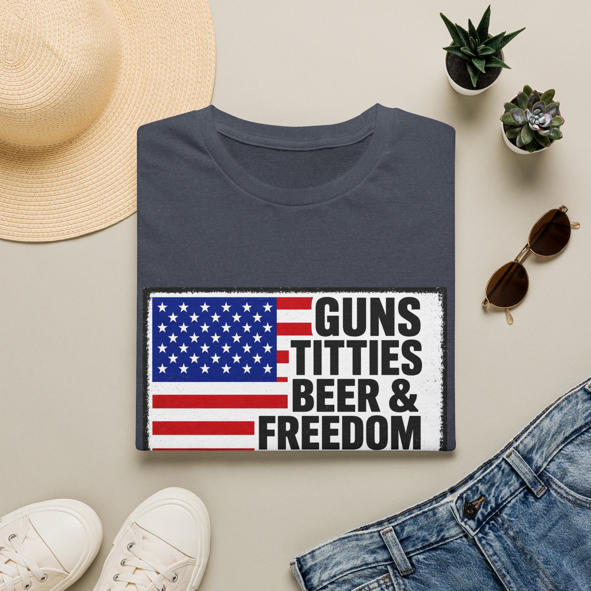 Guns Titties Beer & Freedom T-Shirt | American Flag Patriotic Tee