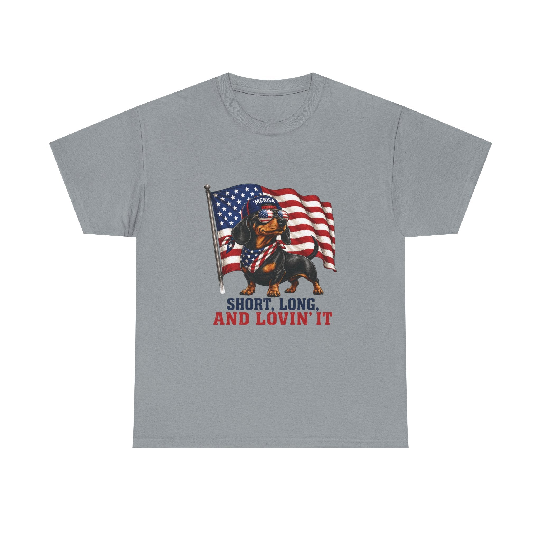 Dachshund with American Flag T-Shirt | "Short, Long, And Lovin' It"