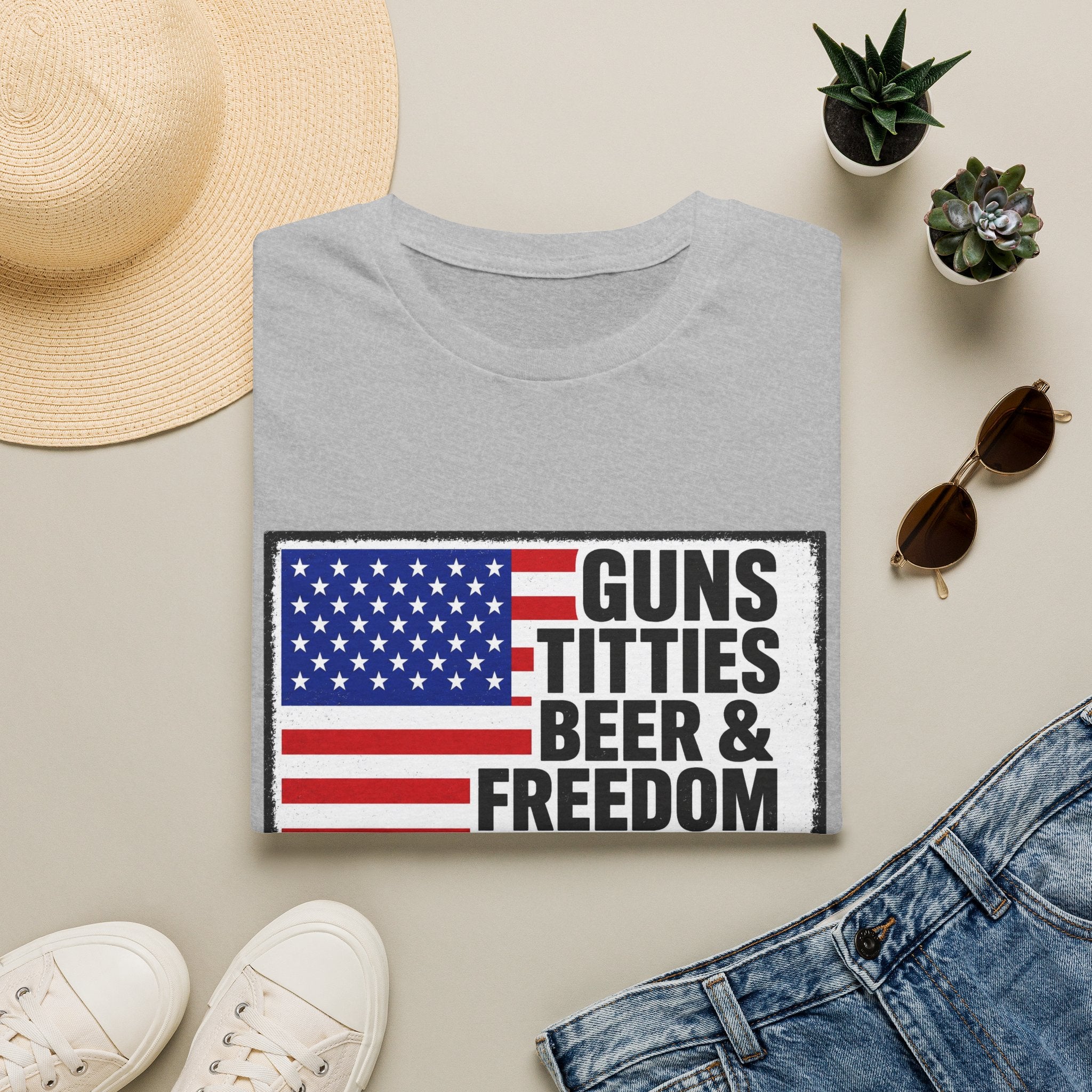 Guns Titties Beer & Freedom T-Shirt | American Flag Patriotic Tee