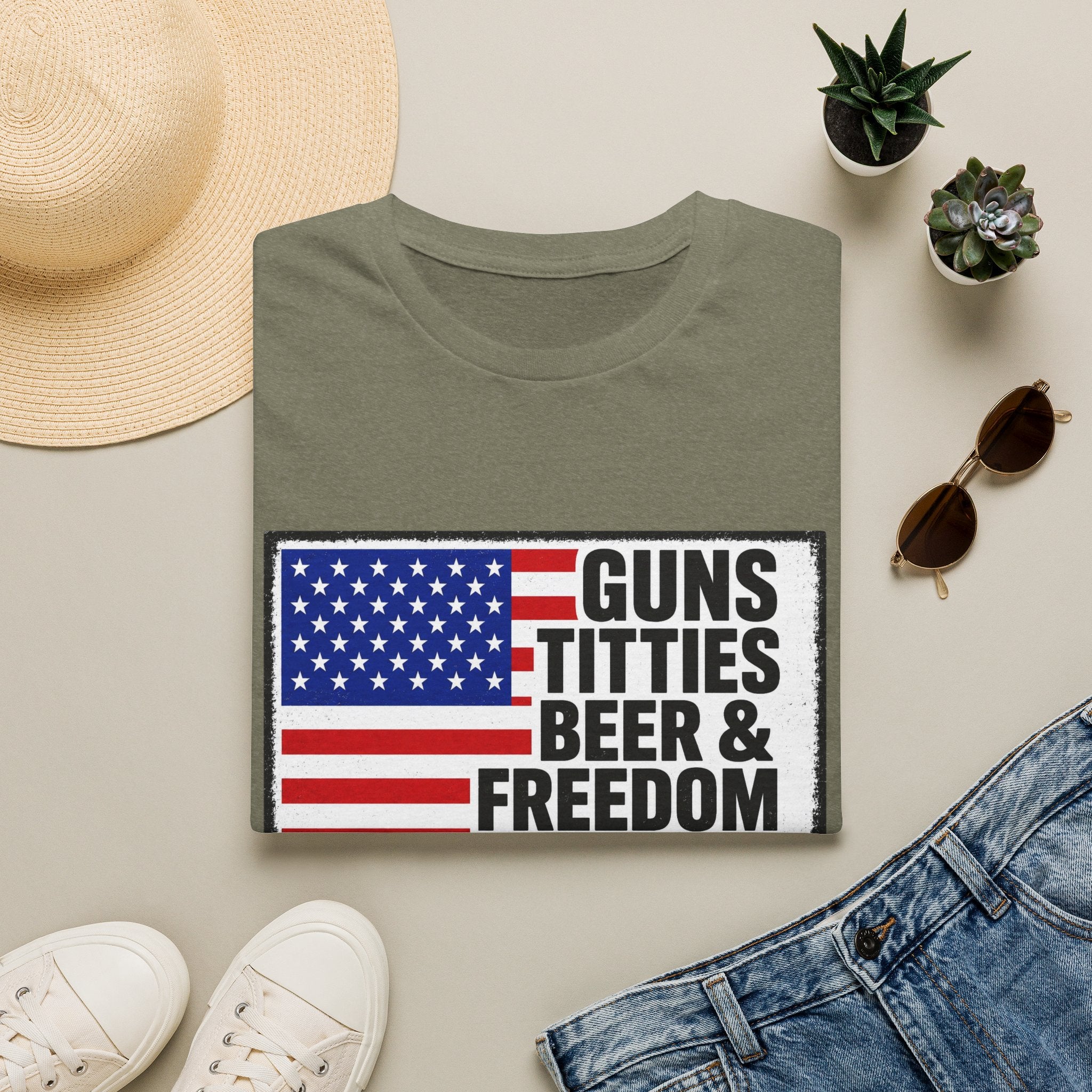 Guns Titties Beer & Freedom T-Shirt | American Flag Patriotic Tee