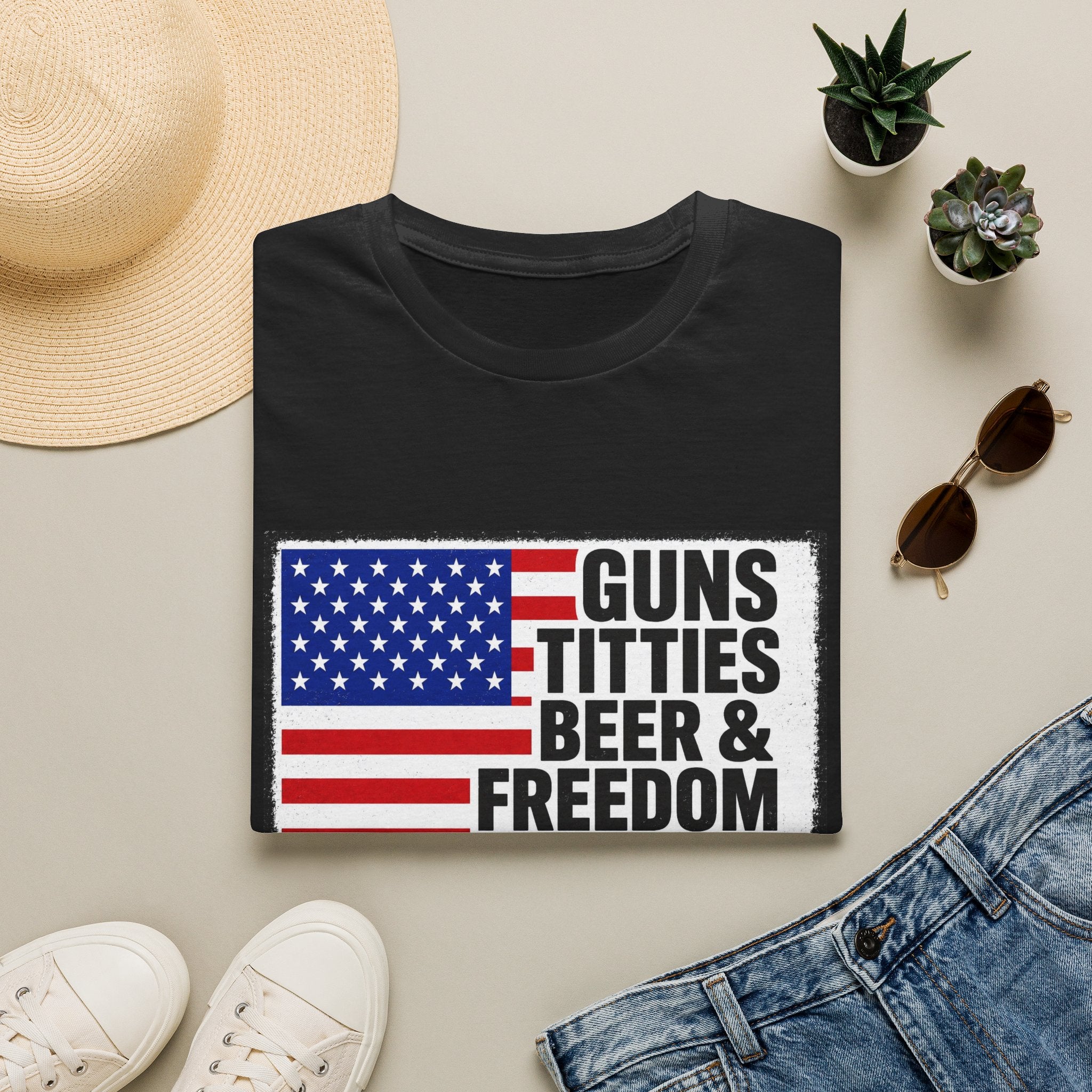 Guns Titties Beer & Freedom T-Shirt | American Flag Patriotic Tee