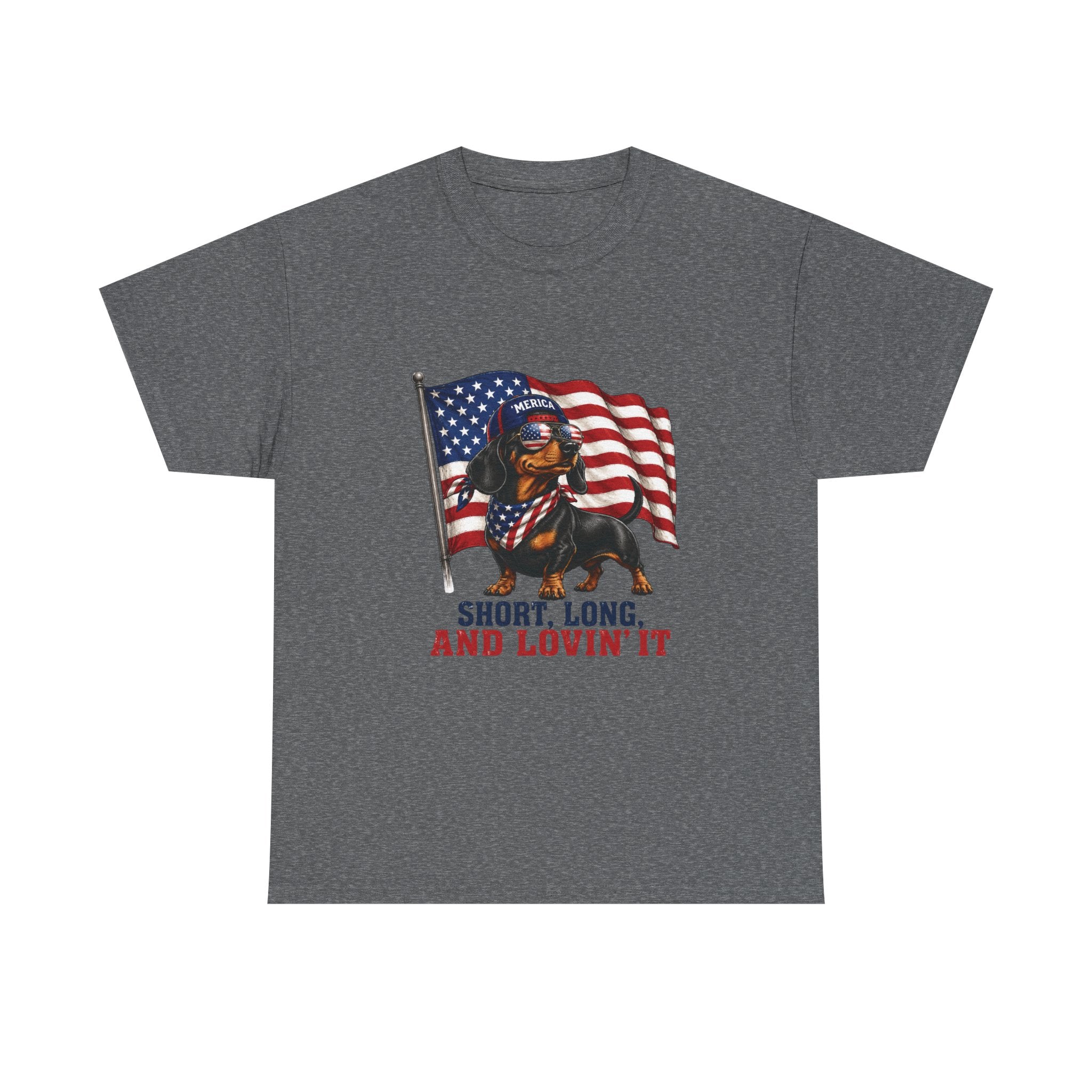 Dachshund with American Flag T-Shirt | "Short, Long, And Lovin' It"