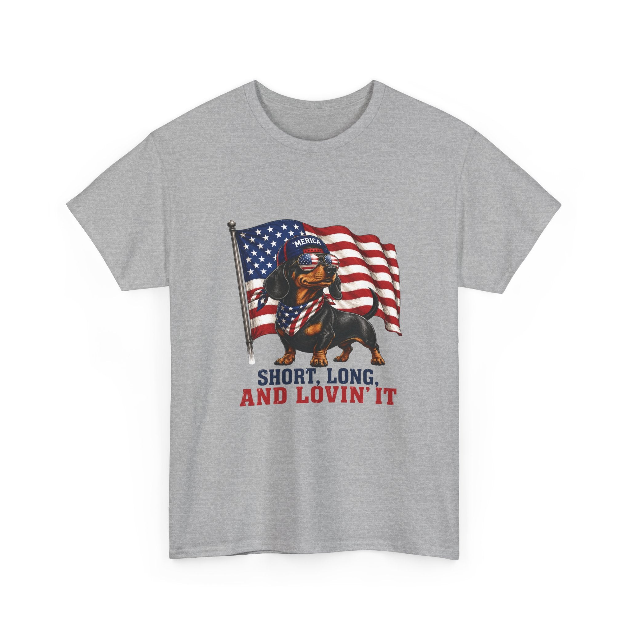 Dachshund with American Flag T-Shirt | "Short, Long, And Lovin' It"