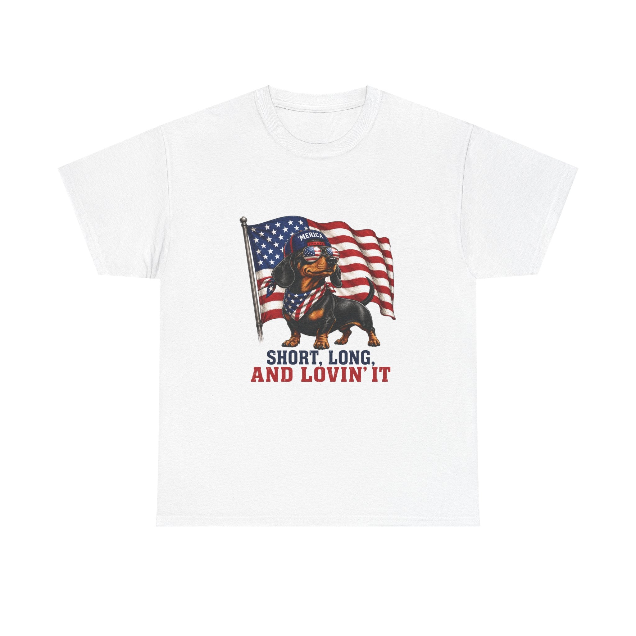 Dachshund with American Flag T-Shirt | "Short, Long, And Lovin' It"