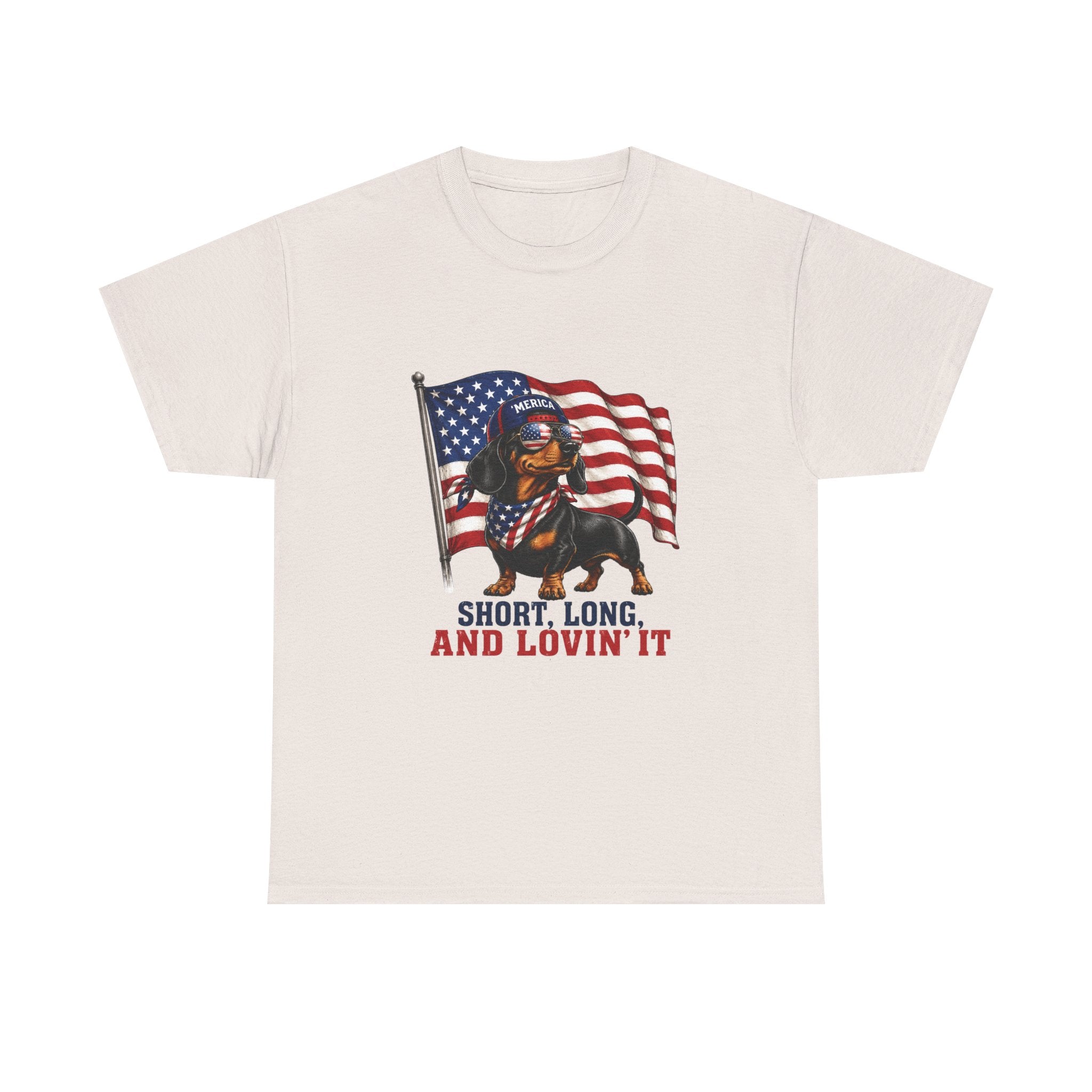 Dachshund with American Flag T-Shirt | "Short, Long, And Lovin' It"