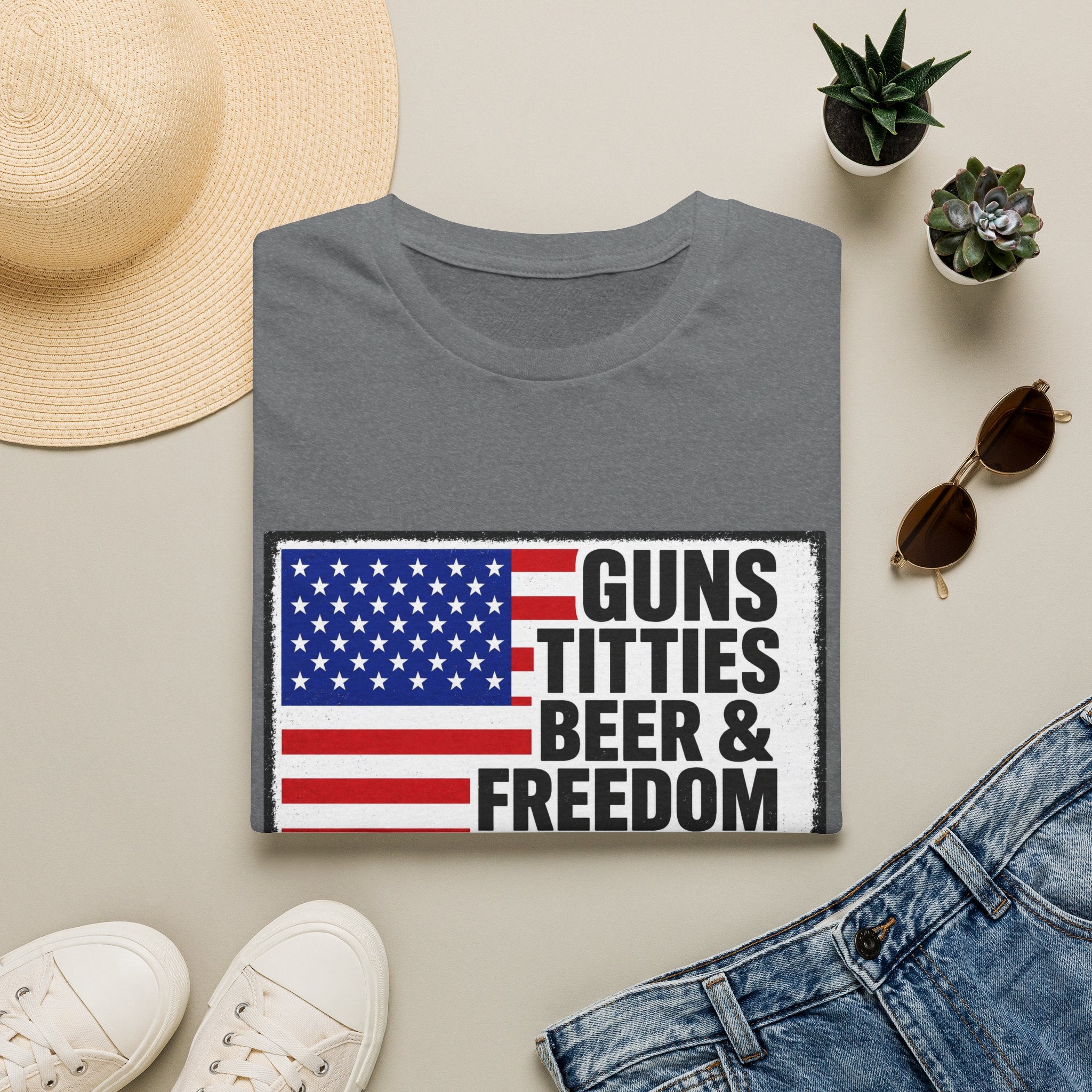 Guns Titties Beer & Freedom T-Shirt | American Flag Patriotic Tee