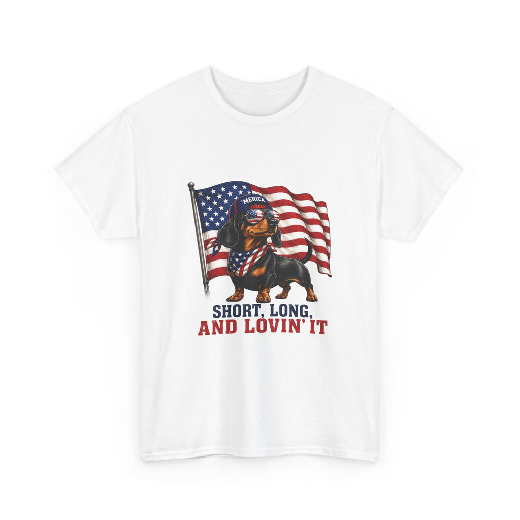 Dachshund with American Flag T-Shirt | "Short, Long, And Lovin' It"
