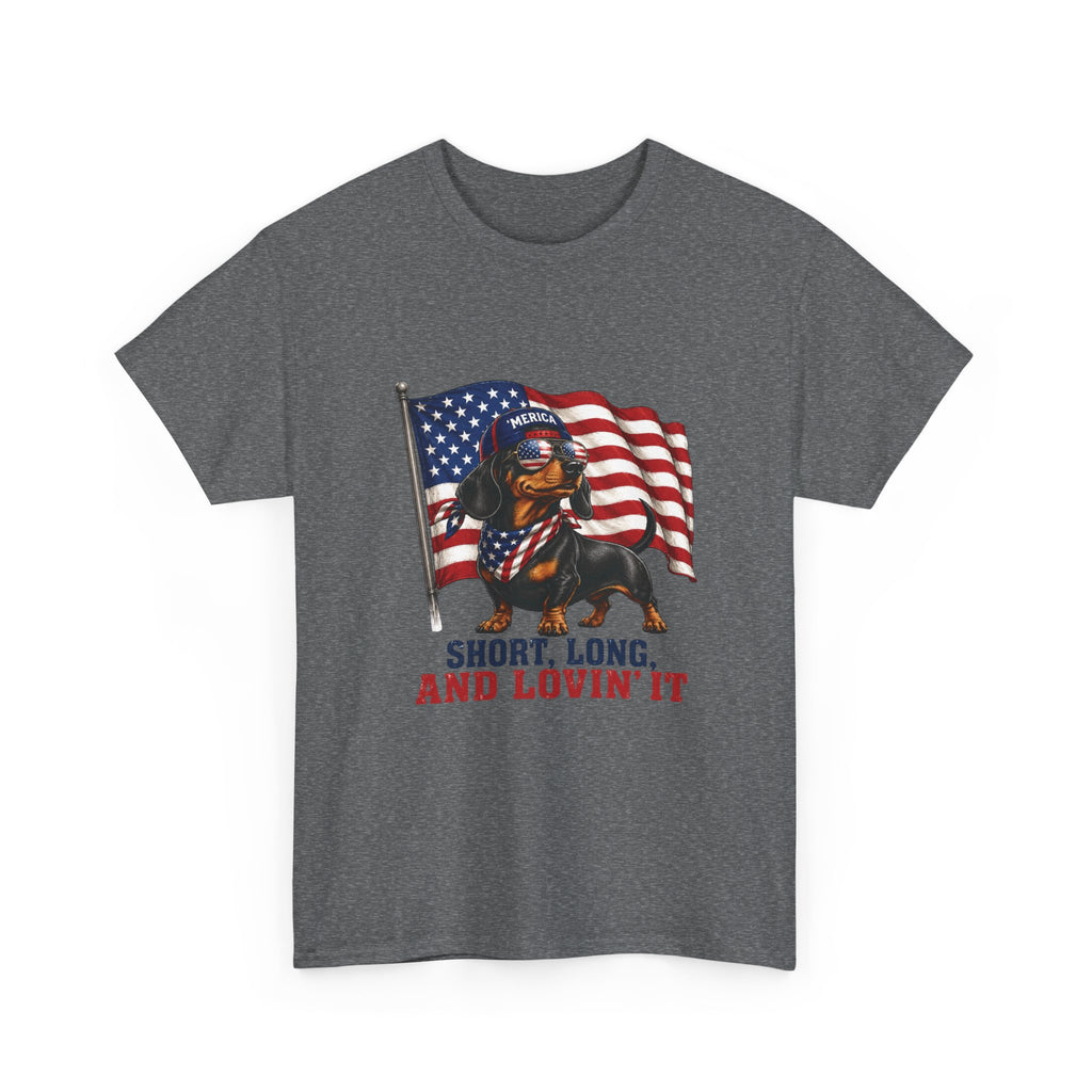 Dachshund with American Flag T-Shirt | "Short, Long, And Lovin' It"
