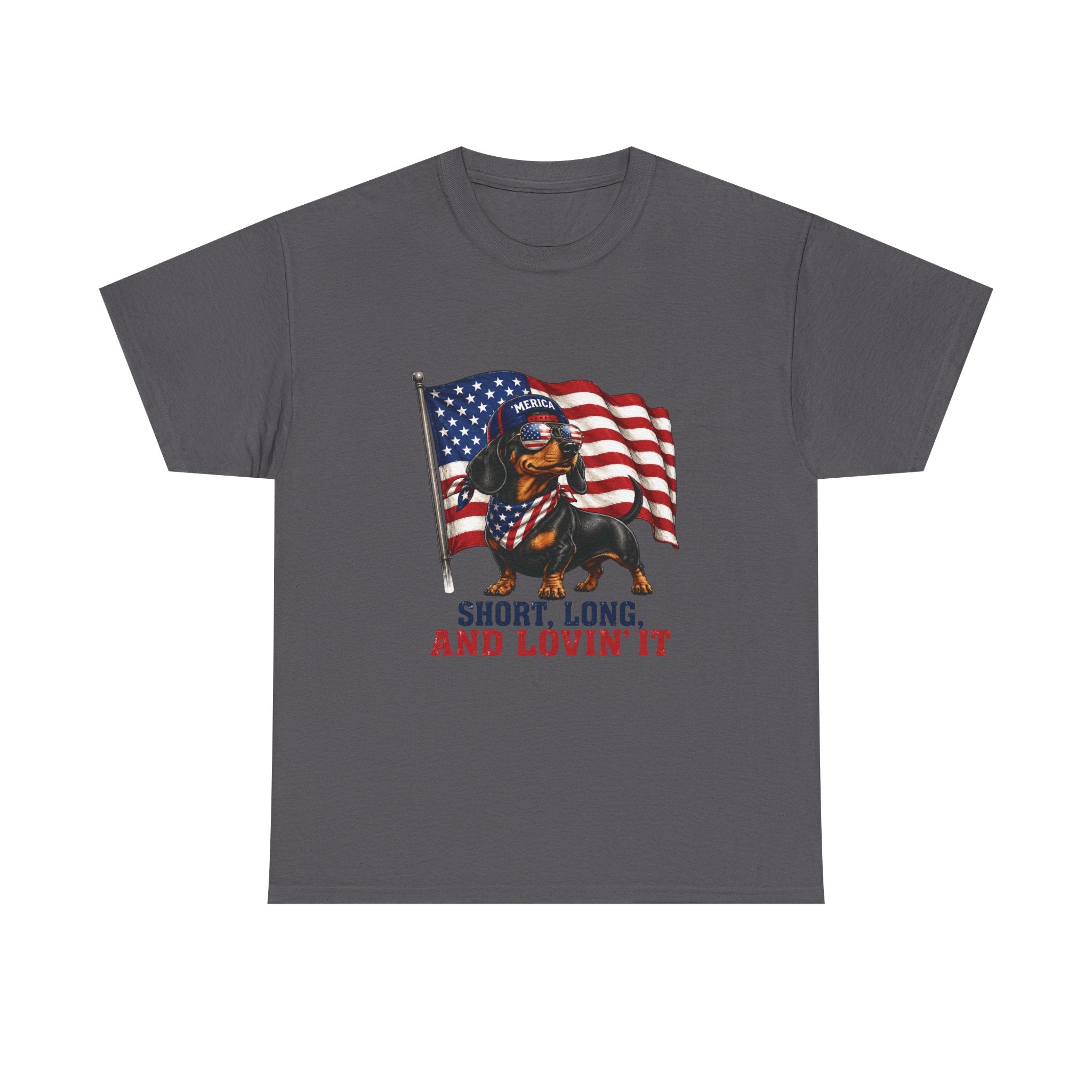 Dachshund with American Flag T-Shirt | "Short, Long, And Lovin' It"