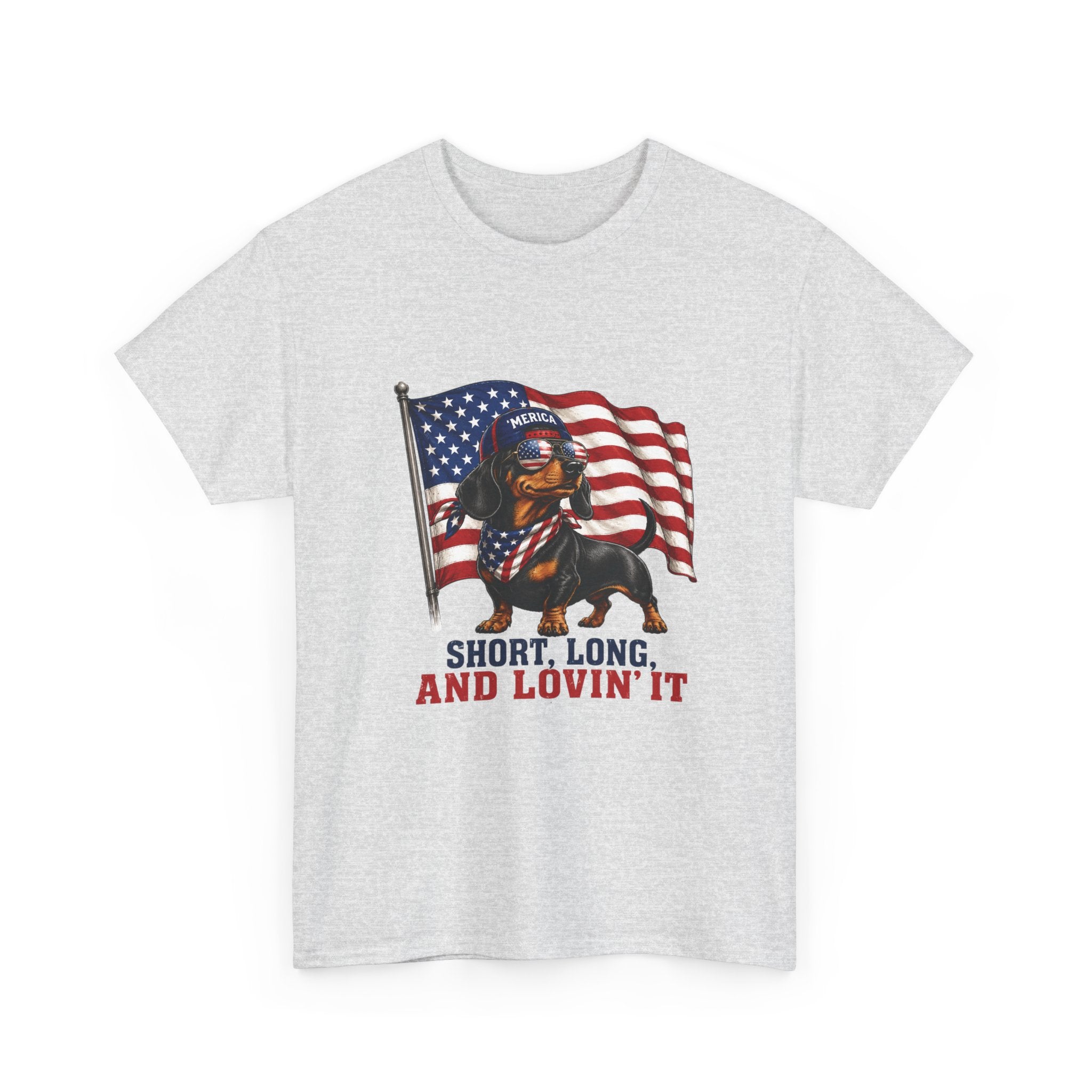 Dachshund with American Flag T-Shirt | "Short, Long, And Lovin' It"