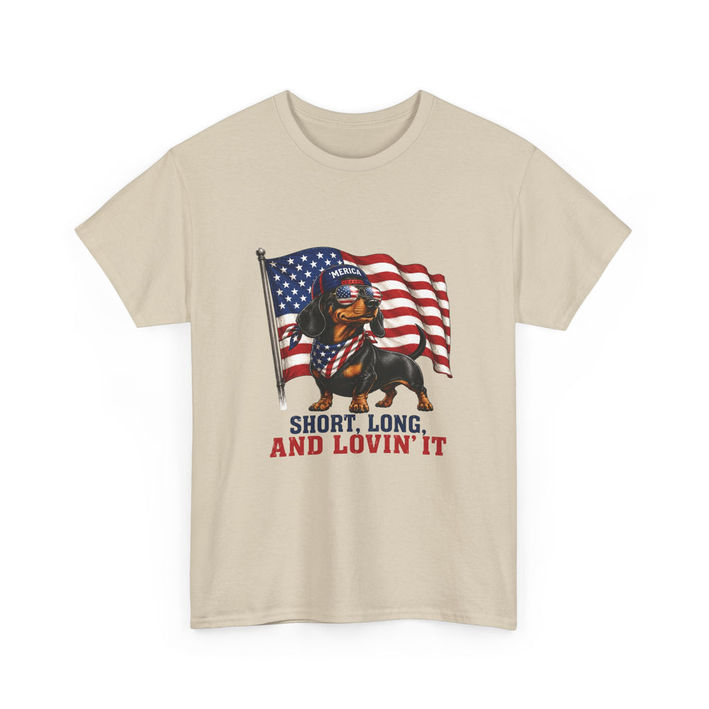 Dachshund with American Flag T-Shirt | "Short, Long, And Lovin' It"