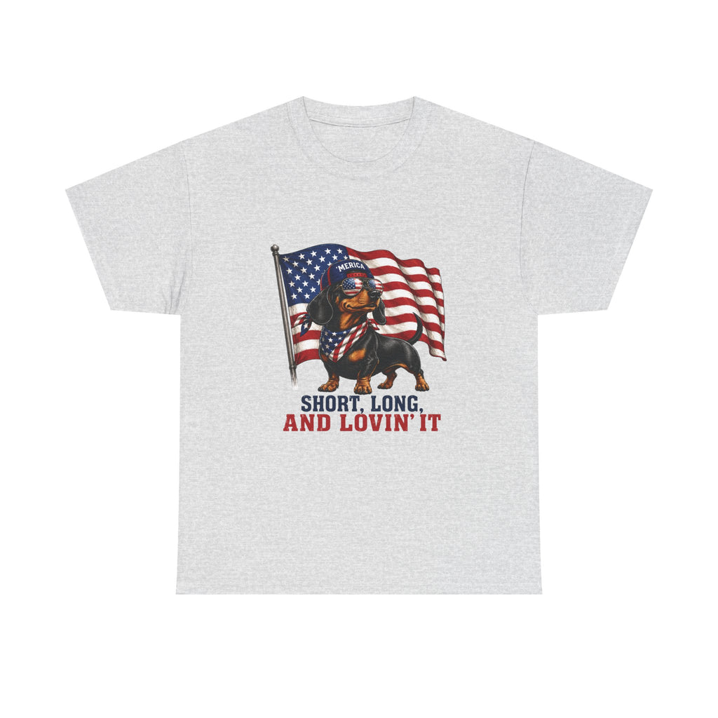 Dachshund with American Flag T-Shirt | "Short, Long, And Lovin' It"