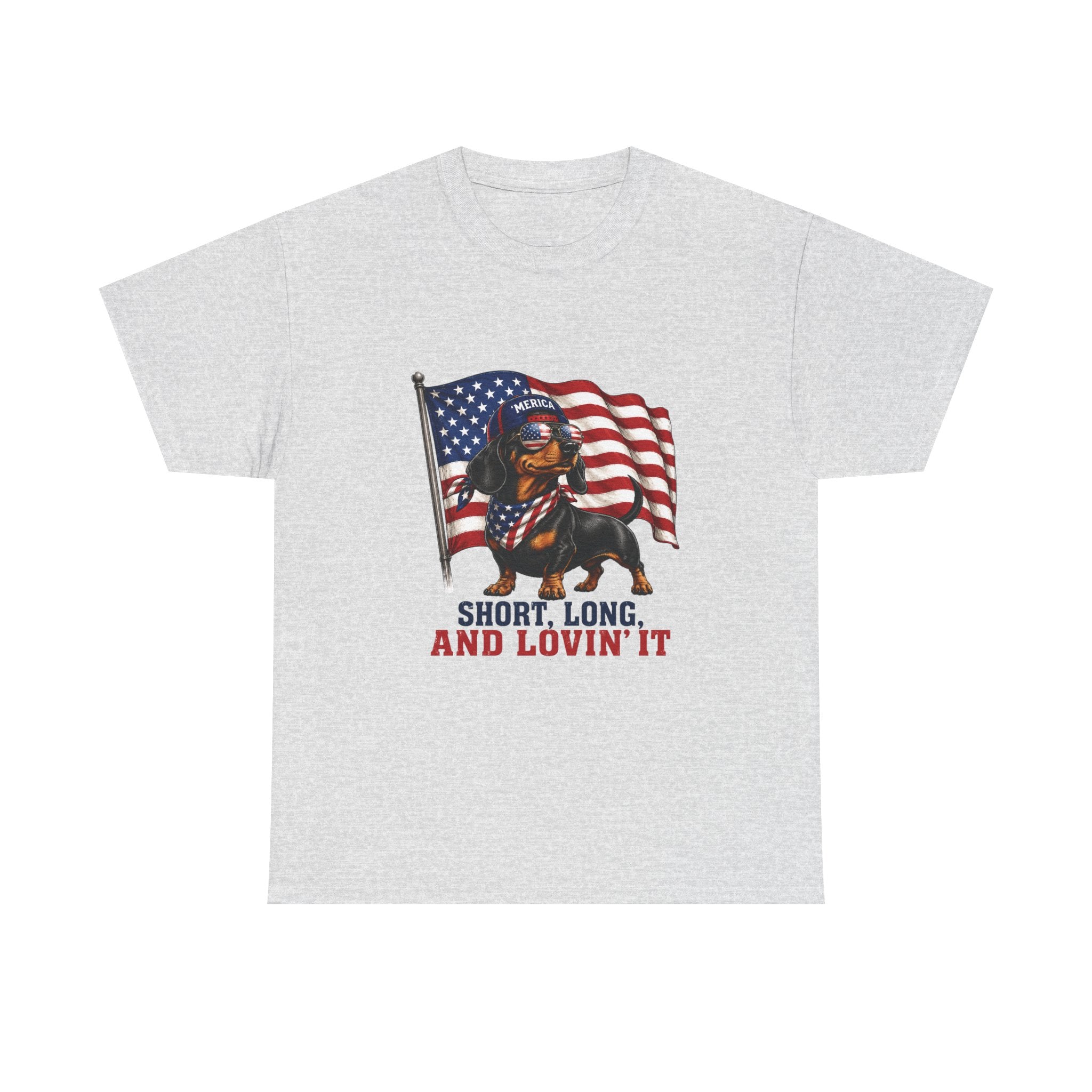 Dachshund with American Flag T-Shirt | "Short, Long, And Lovin' It"
