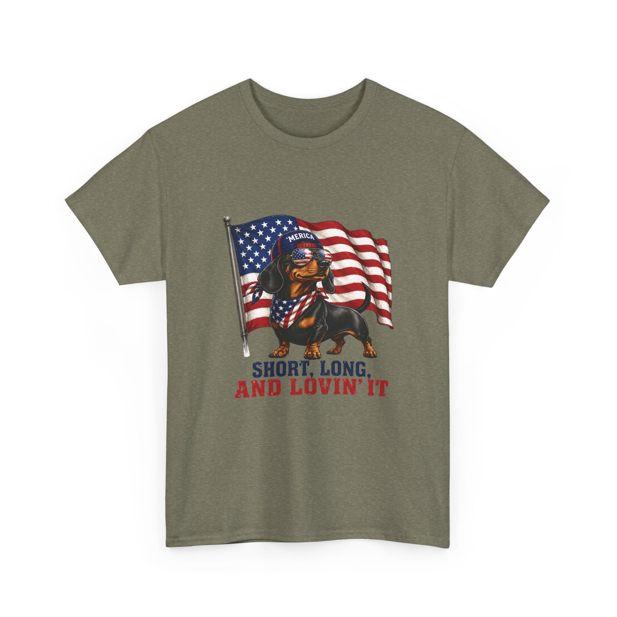 Dachshund with American Flag T-Shirt | "Short, Long, And Lovin' It"